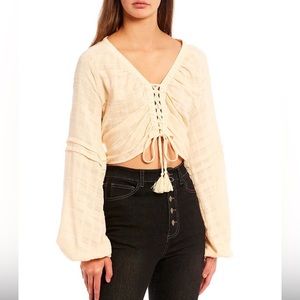 C&V Chelsea & Violet Woven Lace Up Tassel Top